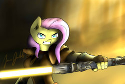 Size: 1024x683 | Tagged: safe, artist:jamesjackobgermany, fluttershy, anthro, g4, clothes, crossover, flutterbadass, jedi, lightsaber, star wars, star wars: the old republic