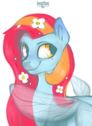 Size: 553x756 | Tagged: safe, artist:risterdus, oc, oc only, oc:fable, flutter pony, female, flower in hair, portrait, solo, wings