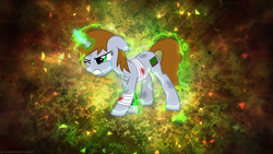 Size: 3840x2160 | Tagged: safe, artist:game-beatx14, artist:starlessnight22, oc, oc only, oc:littlepip, pony, unicorn, fallout equestria, abstract background, bandage, blood, clothes, cutie mark, fanfic, fanfic art, female, floppy ears, glowing horn, gritted teeth, high res, hooves, horn, jumpsuit, magic, mare, one eye closed, pipbuck, show accurate, solo, teeth, telekinesis, vault suit, wallpaper