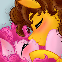 Size: 500x500 | Tagged: safe, artist:dragonfoxgirl, cheese sandwich, pinkie pie, earth pony, pony, g4, blushing, duo, eyes closed, female, kiss on the lips, kissing, male, mare, ship:cheesepie, shipping, stallion, straight