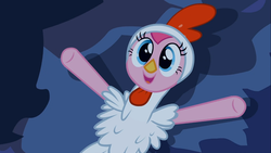 Size: 1366x768 | Tagged: safe, screencap, pinkie pie, earth pony, g4, luna eclipsed, animal costume, chicken pie, chicken suit, clothes, costume, female, lying down, nightmare night, nightmare night costume, prone, solo