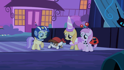 Size: 1366x768 | Tagged: safe, screencap, alula, noi, pipsqueak, piña colada, pluto, earth pony, pony, g4, luna eclipsed, clothes, colt, costume, male, nightmare night, nightmare night costume, pirate costume, princess noi