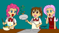 Size: 883x487 | Tagged: safe, artist:pheeph, fluttershy, pinkie pie, human, g4, apron, clothes, cooking, humanized, kitchen, mahou sensei negima, school uniform, schoolgirl, shirt, skirt, vest, yotsuba satsuki