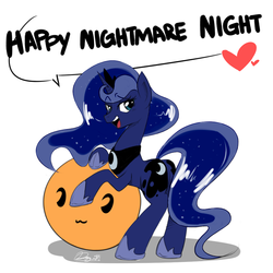 Size: 800x800 | Tagged: safe, artist:celine-artnsfw, artist:rinku, color edit, edit, princess luna, g4, :3, ball, caption, colored, female, halloween, heart, looking at you, nightmare night, solo