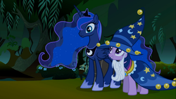 Size: 1366x768 | Tagged: safe, screencap, princess luna, twilight sparkle, g4, luna eclipsed, clothes, cosplay, costume, nightmare night costume, star swirl the bearded costume, thousand yard stare, twilight the bearded