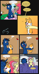 Size: 1280x2445 | Tagged: safe, artist:alexlive97, angel bunny, fluttershy, oc, oc:alex live, oc:stefan, corgi, dog, eagle, pony, unicorn, g4, alexshy, annoyed, canon x oc, eyes closed, floppy ears, frown, hoof hold, messy mane, nuzzling, on side, open mouth, pet, pet oc, sleep talking, sleeping, smiling, tongue out, wide eyes