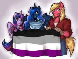 Size: 1024x775 | Tagged: safe, artist:collaredginger, big macintosh, princess luna, twilight sparkle, earth pony, anthro, g4, asexual, asexual pride flag, clothes, flag, looking at you, pride, smiling, twilight sparkle (alicorn)