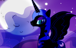 Size: 1500x950 | Tagged: safe, artist:asika-aida, nightmare moon, g4, female, frown, looking at you, moon, solo, spread wings