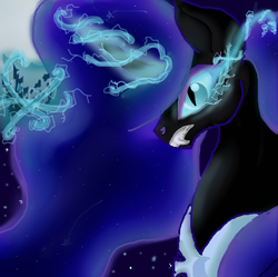 Size: 499x498 | Tagged: safe, artist:jashinist112, nightmare moon, g4, fangs, female, magic, missing accessory, moon, solo