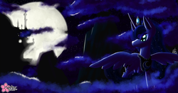 Size: 1000x522 | Tagged: safe, artist:clouddg, princess luna, alicorn, pony, g4, canterlot castle, female, looking back, moon, night, solo, spread wings