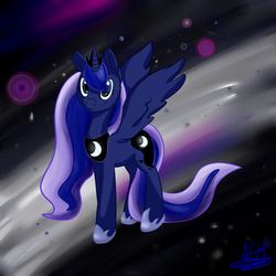 Size: 3000x3000 | Tagged: safe, artist:fingrprints, princess luna, g4, female, high res, looking at you, smiling, solo, space, spread wings
