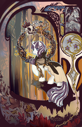 Size: 714x1100 | Tagged: safe, artist:saint-juniper, twilight velvet, pony, unicorn, fanfic:myths and birthrights, fanfic:velvet sparkle and the queen in stone, 2014, cloak, clothes, fanfic, fanfic art, fanfic cover, featured image, female, mare, modern art, nouveau, raised hoof, solo, sword, weapon