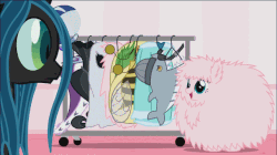Size: 642x360 | Tagged: safe, artist:mixermike622, queen chrysalis, oc, oc:fluffle puff, g4, animated, clothes, costume, excited, youtube link