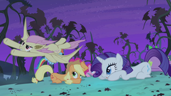 Size: 1280x720 | Tagged: safe, screencap, applejack, fluttershy, rainbow dash, rarity, spike, pony, bats!, g4, my little pony: friendship is magic, flutterbat