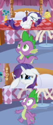 Size: 1050x2450 | Tagged: editor needed, source needed, safe, edit, edited screencap, screencap, rarity, spike, dragon, pony, unicorn, g4, 4 panel comic, bed, bedroom, carousel boutique, comic, crying, female, floppy ears, implied prince blueblood, implied rape, implied sex, male, mare, pregnancy test, sad, screencap comic, shocked