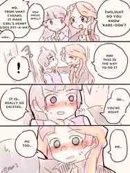 Size: 600x800 | Tagged: safe, artist:gyaheung, sunset shimmer, twilight sparkle, human, g4, 4koma, comic, duo, engrish, female, humanized, kabedon, lesbian, ship:sunsetsparkle, shipping, twilight sparkle (alicorn)