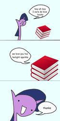 Size: 600x1200 | Tagged: safe, artist:wollap, twilight sparkle, g4, :d, bibliophile, book, cargo ship, comic, dialogue, ship:twibook, shipping, simple background, that pony sure does love books, wat