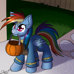 Size: 1000x1000 | Tagged: safe, artist:silverfox057, rainbow dash, g4, clothes, costume, female, filly, filly rainbow dash, halloween, mouth hold, pumpkin bucket, signature, solo, trick or treat, uniform, wonderbolts, wonderbolts uniform