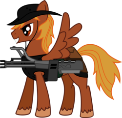 Size: 2260x2171 | Tagged: safe, artist:brisineo, oc, oc only, oc:calamity, pegasus, pony, fallout equestria, battle saddle, fanfic, fanfic art, gun, hat, high res, male, rifle, simple background, smiling, solo, stallion, transparent background, vector, weapon, wings