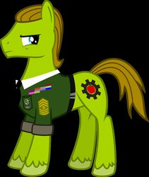 Size: 822x972 | Tagged: safe, artist:brisineo, oc, oc only, oc:applesnack, oc:steelhooves, earth pony, pony, fallout equestria, black background, colored, cutie mark, fanfic, fanfic art, hooves, male, ministry of wartime technology, simple background, solo, stallion, vector