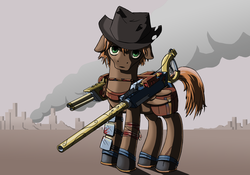 Size: 1500x1050 | Tagged: safe, artist:spyroconspirator, oc, oc only, oc:calamity, pegasus, pony, fallout equestria, battle saddle, fanfic, fanfic art, gun, hat, male, rifle, saddle bag, smoke, solo, stallion, wasteland, weapon, wings