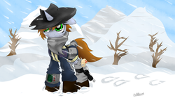 Size: 1600x900 | Tagged: safe, artist:jetwave, oc, oc only, oc:littlepip, pony, unicorn, fallout equestria, clothes, cowboy hat, fanfic, fanfic art, female, floppy ears, gun, handgun, hat, holster, hoofprints, hooves, horn, jumpsuit, little macintosh, mare, optical sight, pipbuck, revolver, saddle bag, snow, solo, tree, vault suit, weapon, winter