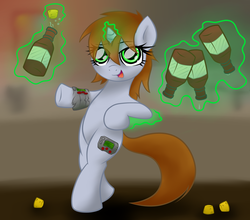 Size: 3412x3000 | Tagged: safe, artist:jetwave, oc, oc only, oc:littlepip, pony, unicorn, fallout equestria, bottle, clothes, drunk, fanfic, fanfic art, female, glowing horn, high res, horn, magic, mare, pipbuck, solo, telekinesis