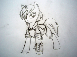 Size: 3072x2304 | Tagged: safe, artist:lachasseauxhiboux, oc, oc only, oc:littlepip, pony, unicorn, fallout equestria, black and white, clothes, fanfic, fanfic art, female, grayscale, high res, jumpsuit, mare, monochrome, pipbuck, saddle bag, simple background, sketch, solo, traditional art, vault suit, white background