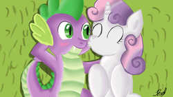 Size: 1280x720 | Tagged: safe, artist:jbond, spike, sweetie belle, dragon, pony, unicorn, g4, duo, eyes closed, female, filly, foal, kissing, lying down, male, ship:spikebelle, shipping, signature, straight