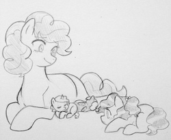 Size: 2046x1668 | Tagged: safe, artist:kianamai, pinkie pie, oc, oc:cloudy skies, oc:cotton candy, oc:sugar rush, kilalaverse, g4, monochrome, mother and daughter, newborn, next generation, offspring, parent:pinkie pie, parent:pokey pierce, parents:pokeypie, pencil drawing, sisters, traditional art