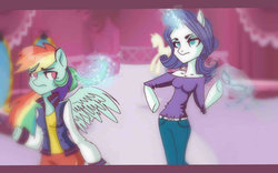 Size: 1024x640 | Tagged: safe, artist:annaiszoom, rainbow dash, rarity, anthro, g4, arm hooves, blurry, clothes