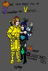 Size: 778x1151 | Tagged: safe, artist:stealthninja5, queen chrysalis, twilight sparkle, human, g4, bionicle, clothes, costume, crossover, halloween, humanized, lego, nightmare night, takanuva, traditional art