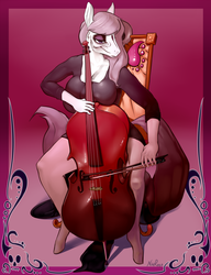 Size: 1250x1625 | Tagged: safe, artist:nivrozs, octavia melody, earth pony, anthro, g4, big breasts, breast squeeze, breasts, busty octavia melody, cello, cleavage, clothes, dia de los muertos, dress, female, makeup, musical instrument, solo