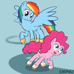 Size: 1000x1000 | Tagged: safe, artist:empyu, pinkie pie, rainbow dash, pony, g4, duo, rollerblades