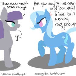 Size: 4000x4000 | Tagged: safe, artist:lisa400, maud pie, trixie, pony, unicorn, g4, 30 minute art challenge, angry, dialogue, eye contact, female, lesbian, mare, open mouth, raised hoof, raised leg, ship:mauxie