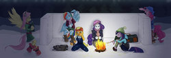 Size: 1600x549 | Tagged: safe, artist:zackira, applejack, fluttershy, pinkie pie, rainbow dash, rarity, twilight sparkle, anthro, g4, campfire, mane six, snow