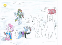 Size: 2362x1708 | Tagged: safe, artist:lobstercraft, pinkie pie, pokey pierce, rainbow dash, polar bear, g4, clothes, coca-cola, product placement, traditional art