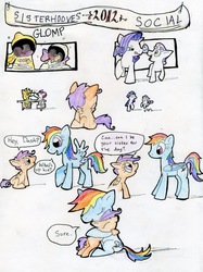 Size: 3400x4551 | Tagged: safe, artist:kriahfox, applejack, rainbow dash, rarity, scootaloo, sweetie belle, earth pony, pegasus, pony, unicorn, g4, sisterhooves social, apple bloom's bow, bow, comic, dialogue, hair bow, hug, scootalove, simple background, speech bubble, traditional art, white background