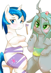 Size: 707x1000 | Tagged: safe, artist:girlieginger, queen chrysalis, shining armor, twilight sparkle, changeling, g4, cute, cutealis, cuteling, duo, mushroom, paintbrush, shining adorable