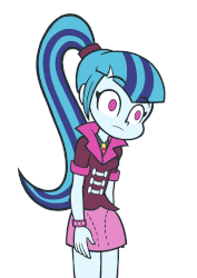 Size: 764x1080 | Tagged: safe, artist:khuzang, sonata dusk, equestria girls, g4, my little pony equestria girls: rainbow rocks, animated, breathing, clothes, female, heavy breathing, high ponytail, long hair, ponytail, simple background, skirt, solo, starenata, thousand yard stare, white background