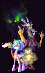 Size: 1100x1777 | Tagged: safe, artist:falleninthedark, discord, princess celestia, queen chrysalis, g4, afro, badge, clothes, derringer, fbi, frolestia, gun, weapon