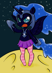 Size: 860x1200 | Tagged: safe, artist:noisyvox, nightmare moon, pony, semi-anthro, g4, annoyed, bipedal, clothes, female, moon, skirt, socks, solo, spread wings, striped socks