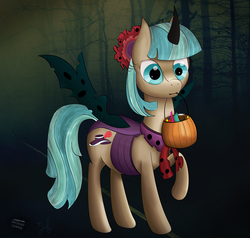 Size: 4000x3800 | Tagged: safe, artist:iamthemanwithglasses, artist:misterjuly, coco pommel, changeling, g4, candy, clothes, collaboration, costume, female, mouth hold, nightmare night costume, raised hoof, solo