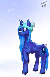 Size: 932x1432 | Tagged: safe, artist:iwoo34enn, artist:stirren, artist:woon, princess luna, g4, female, hat, raised hoof, s1 luna, snow, snowfall, solo