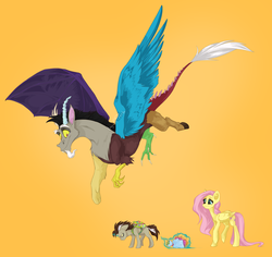 Size: 2234x2113 | Tagged: safe, artist:artbeta, discord, fluttershy, oc, oc:dillus, hybrid, g4, female, high res, interspecies offspring, male, offspring, parent:discord, parent:fluttershy, parents:discoshy, ship:discoshy, shipping, simple background, straight