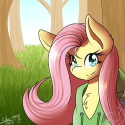 Size: 1000x1000 | Tagged: safe, artist:silverfox057, fluttershy, g4, clothes, female, hoodie, smiling, solo