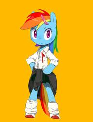 Size: 473x618 | Tagged: dead source, safe, artist:30clock, rainbow dash, pony, semi-anthro, g4, bipedal, clothes, female, hairclip, jacket, mare, shirt, simple background, skirt, socks, solo, standing, wingless