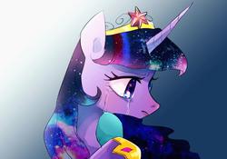 Size: 818x574 | Tagged: dead source, safe, artist:chi-hayu, twilight sparkle, alicorn, pony, g4, bust, crying, ethereal mane, female, galaxy mane, gradient background, immortality blues, mare, older, solo, twilight sparkle (alicorn), ultimate twilight