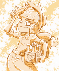 Size: 806x973 | Tagged: safe, artist:lunchie, applejack, equestria girls, g4, my little pony equestria girls: rainbow rocks, abstract background, bottle, cider, eyebrows, eyebrows visible through hair, female, monochrome, shine like rainbows, smiling, smirk, solo