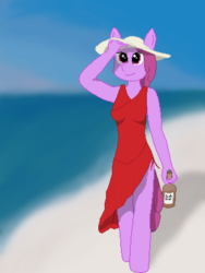 Size: 600x800 | Tagged: safe, artist:thejakevale, berry punch, berryshine, earth pony, anthro, g4, beach, booze, bottle, clothes, dress, hand, hat, pixel art